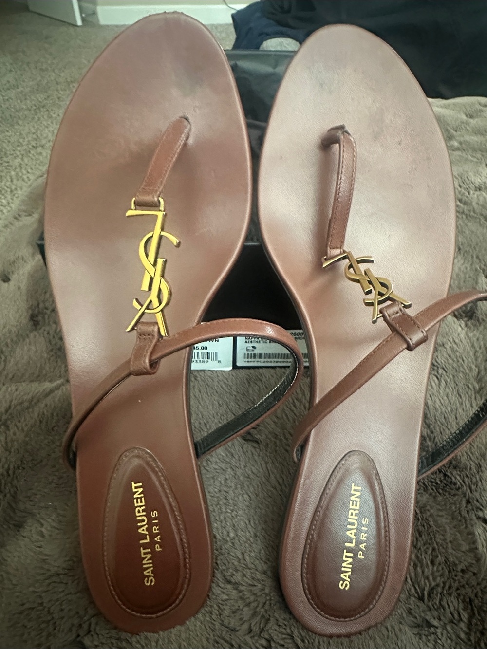 Saint Laurent Brown Leather Thong Sandals with Gold YSL Accent - Picture 2 of 4